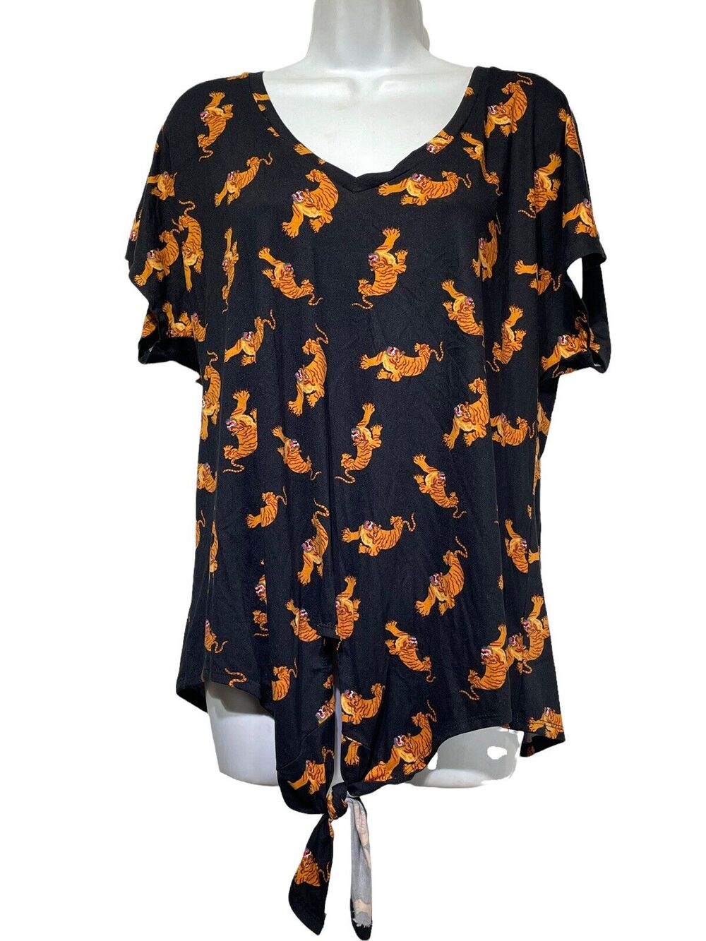 lovely bubbly black orange tiger print front tie blouse Plus Size 2X